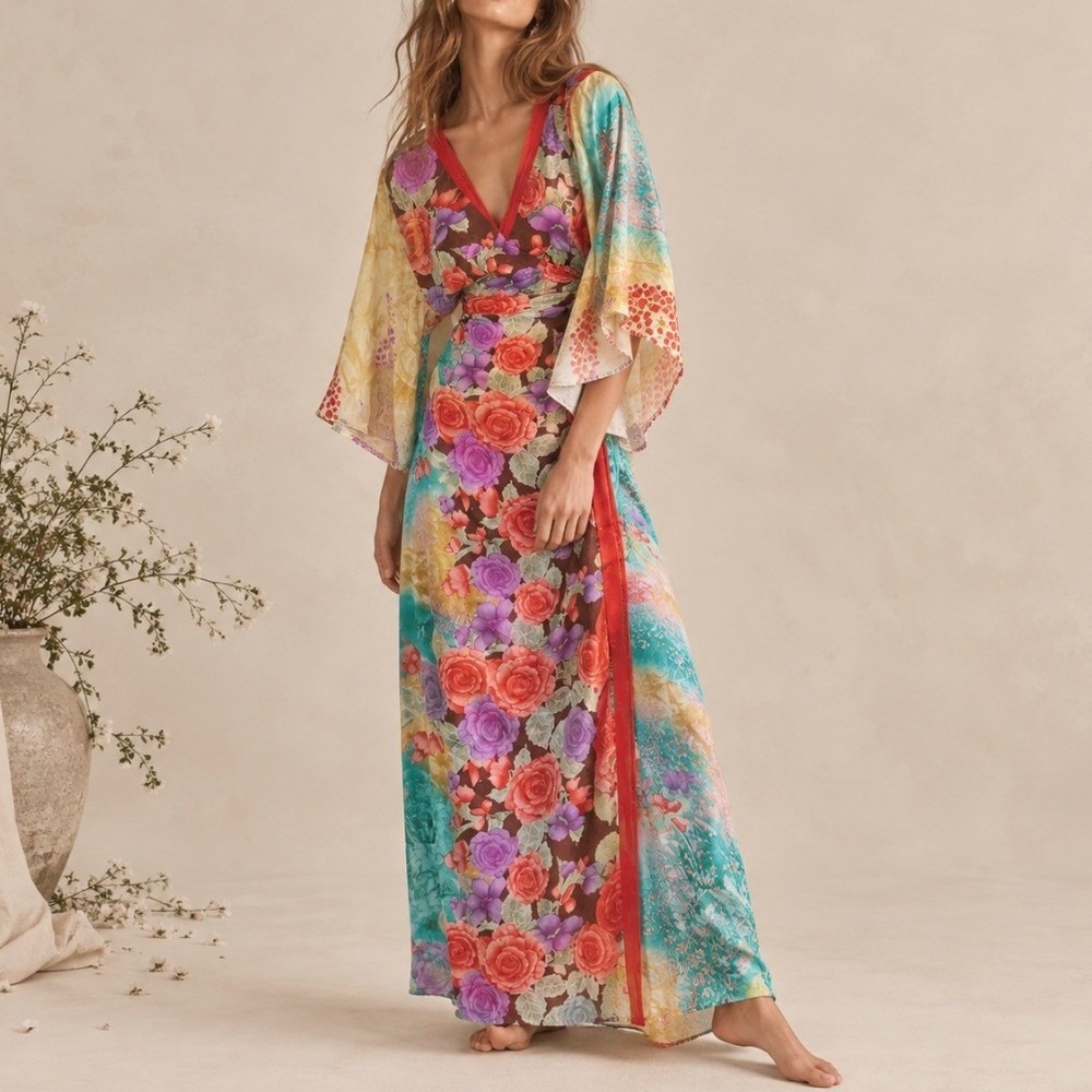 Wrap Maxi Dress Floral Kimono Resort Boho Silky Earthy Oriental Feminine Party